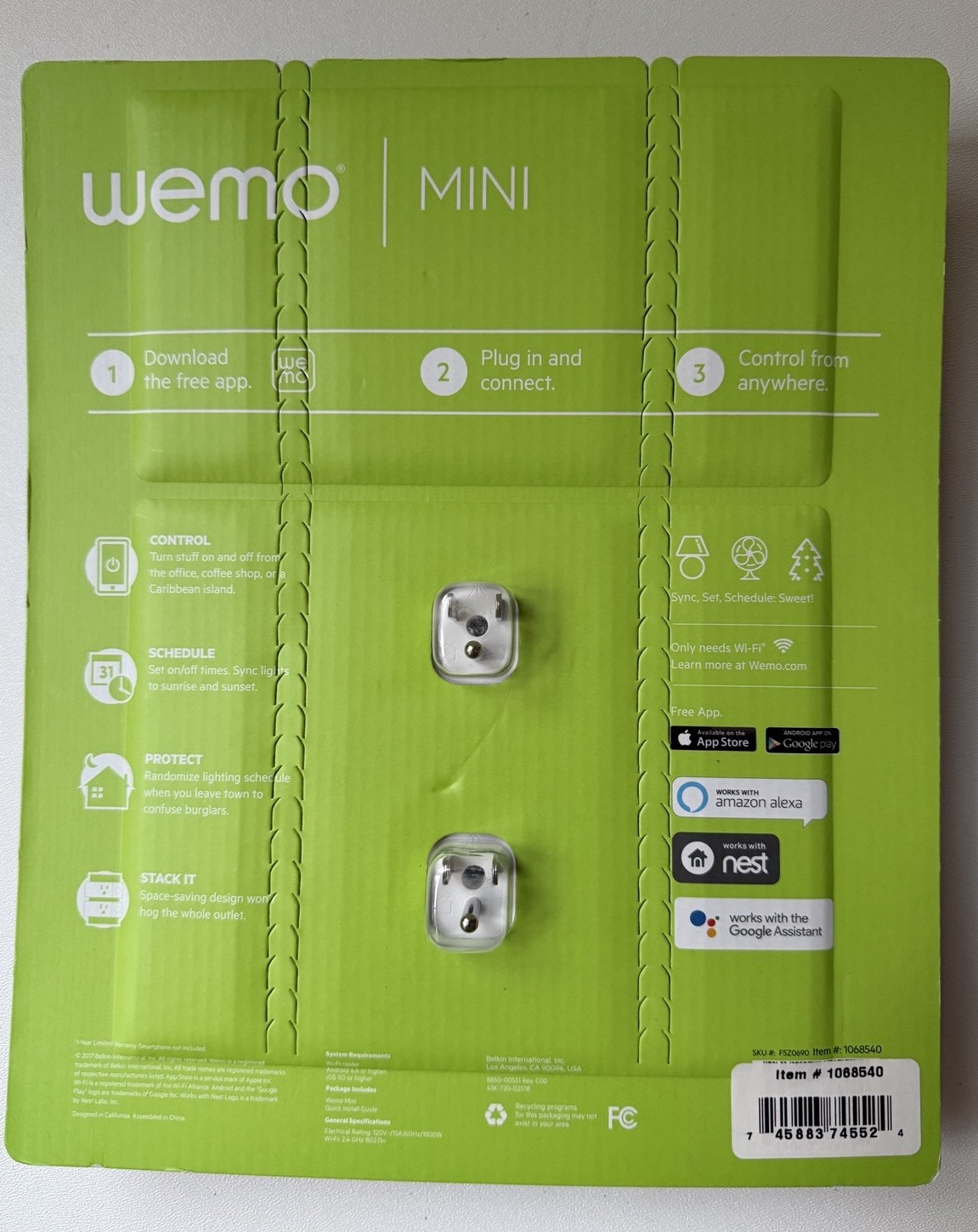2-Pack Wemo 1068540 Mini Smart Plug Works with Amazon Alexa, Nest & Google