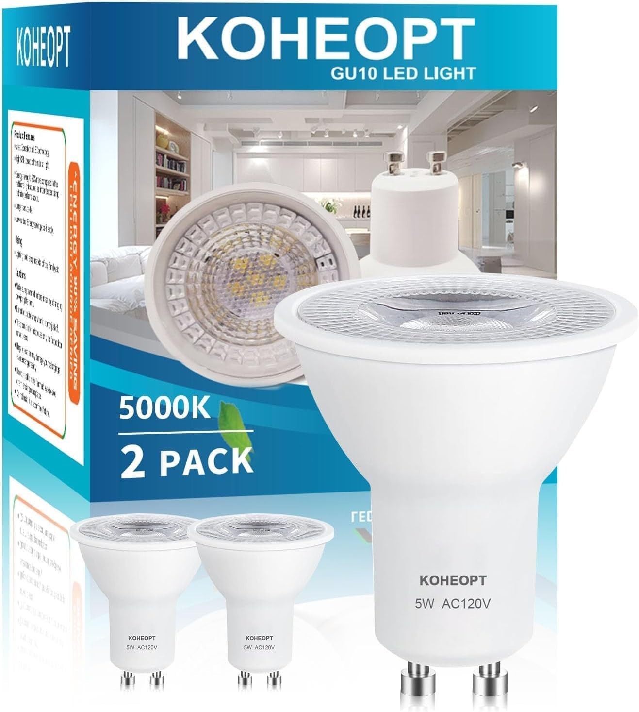GU10 LED Light Bulb 5W, (2 Pack) 5000K Dimmable Daylight White,500LM Replacement