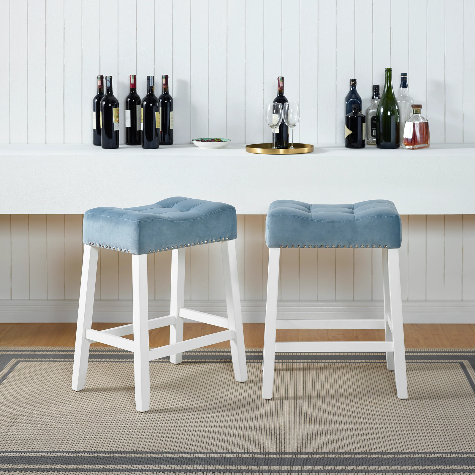 Roundhill Furniture Morovo Set of 2 Velvet Counter Height Stools with Tufted Sad