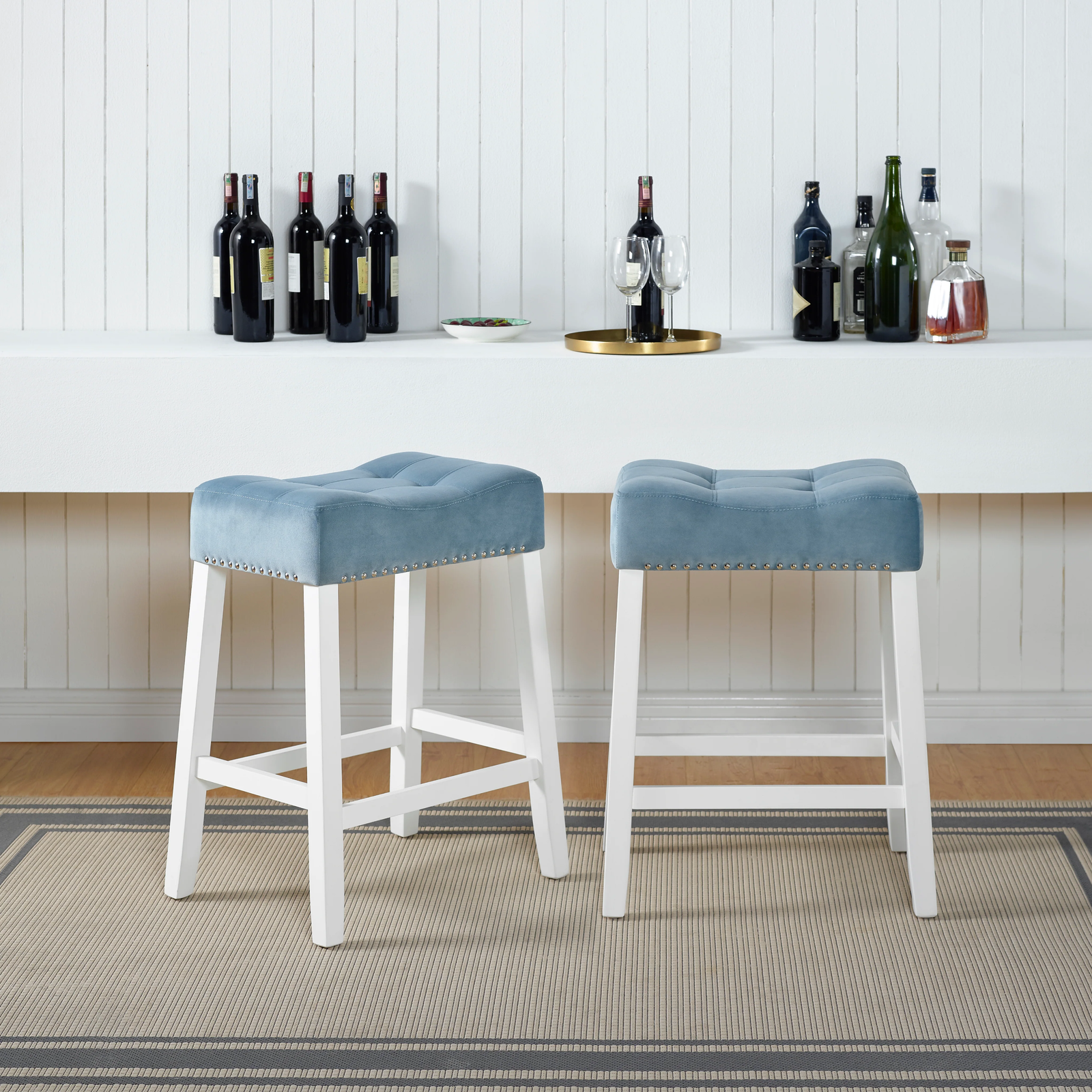 Roundhill Furniture Morovo Set of 2 Velvet Counter Height Stools with Tufted Sad