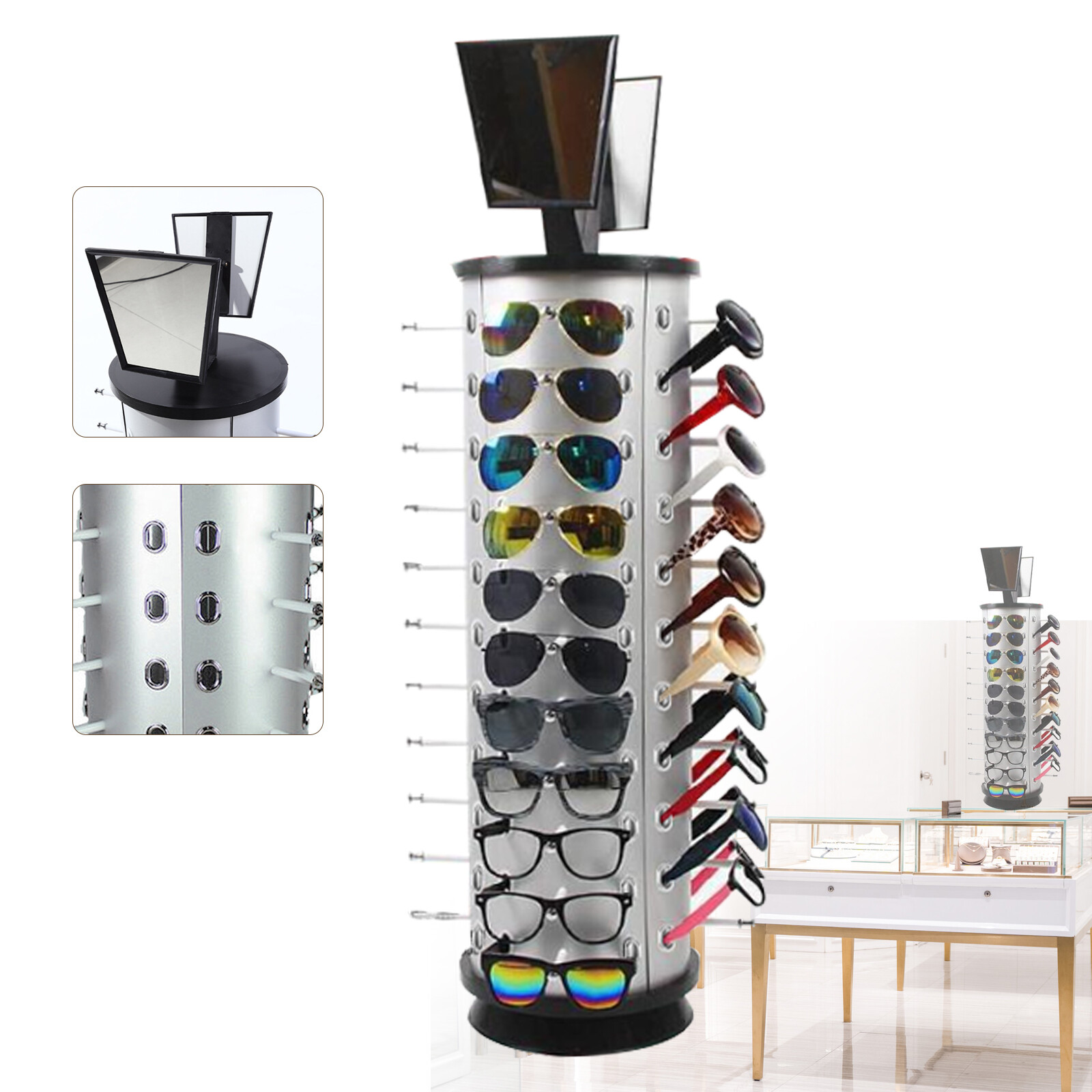 44 Pair Sunglasses Display 360° Rotating Rack Glasses Holder Stand w/ Mirror US