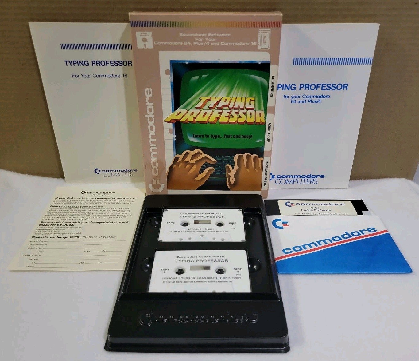 C64 Typing Professor - Commodore 64 5.25 Disk, Plus/4 & C-16 Tapes - Complete