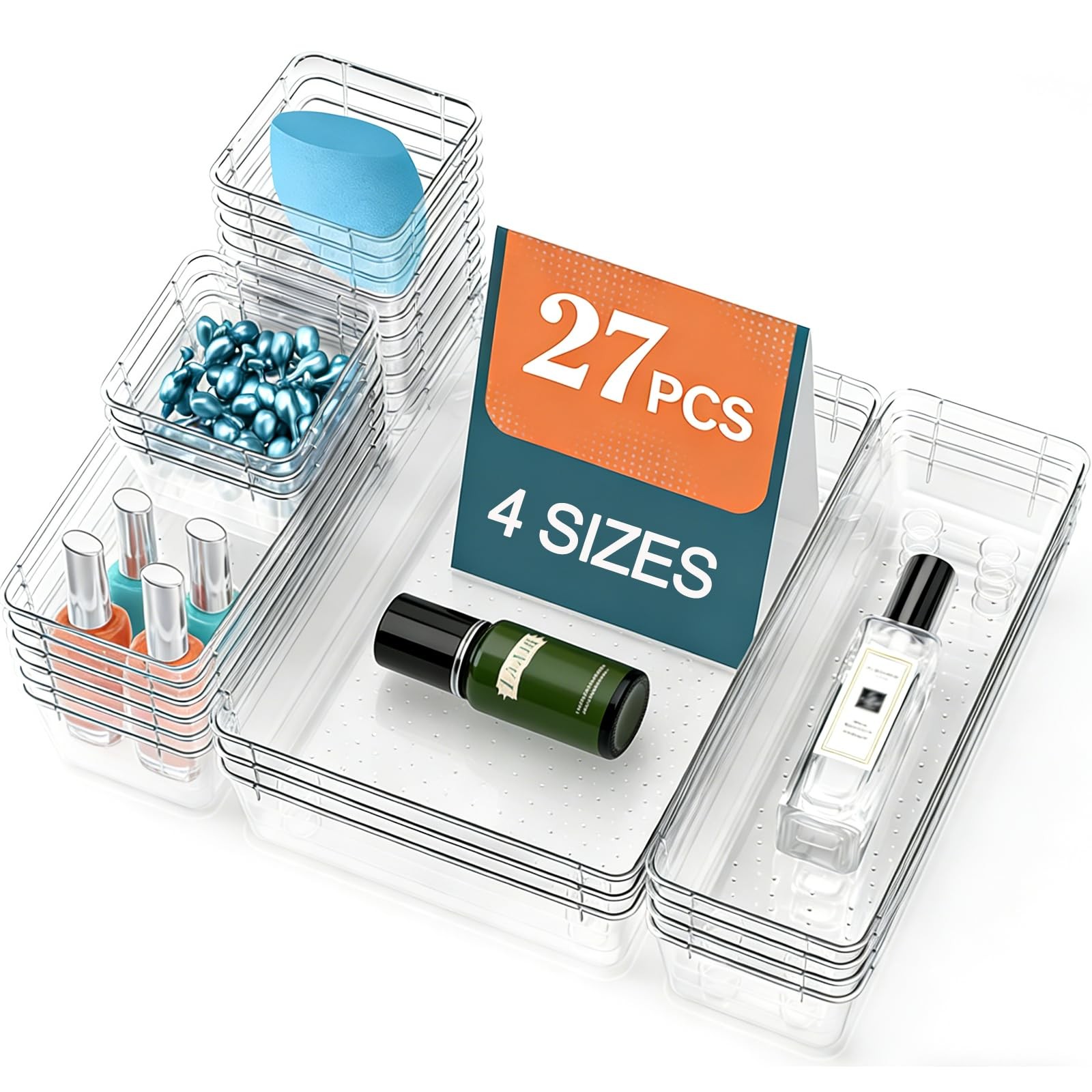 27 Pack Clear Plastic Drawer Organizer Set - 4 Sizes Makeup Vanity Organizer ...