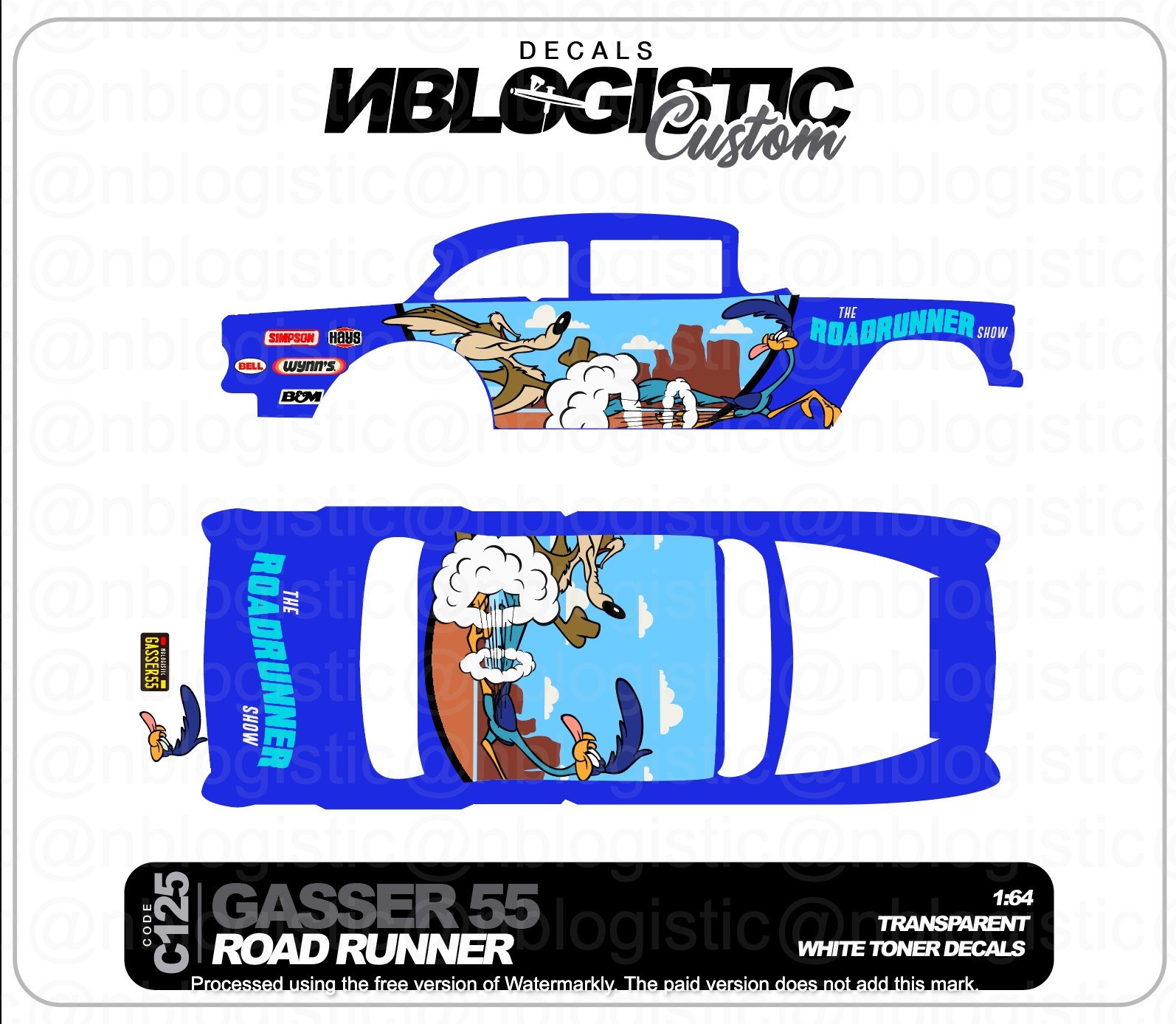 '55 CHEVY GASSER Custom Universal WaterSlide Decal for hot wheels 1/64 Scale 116