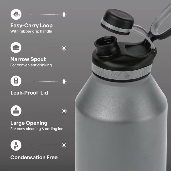 TAL Stainless Steel Ranger Water Bottle 64oz, Gray