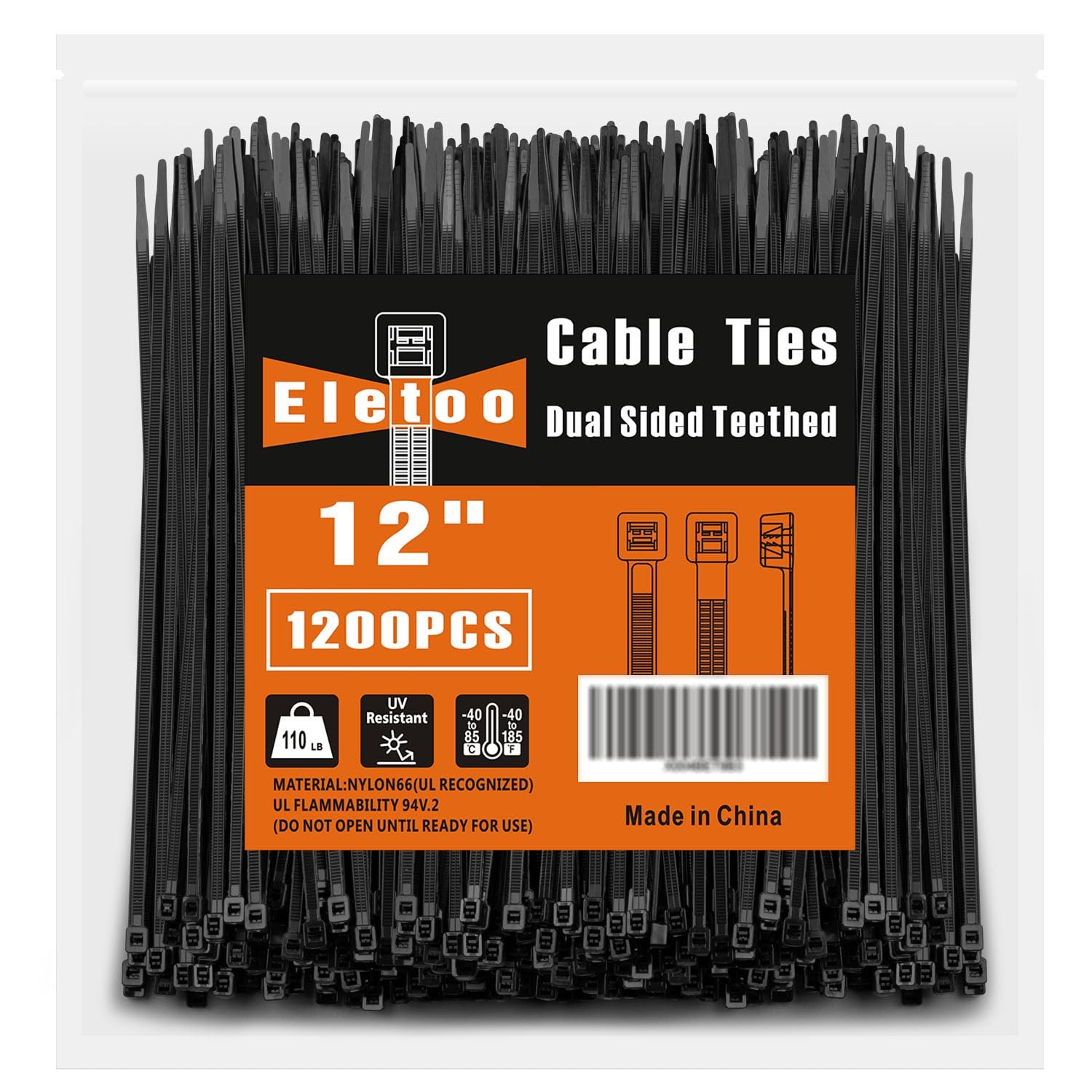 12 Inch Black Zip Ties Heavy Duty 1200 Pack,110 LBS Tensile Strength, Self-Lo...