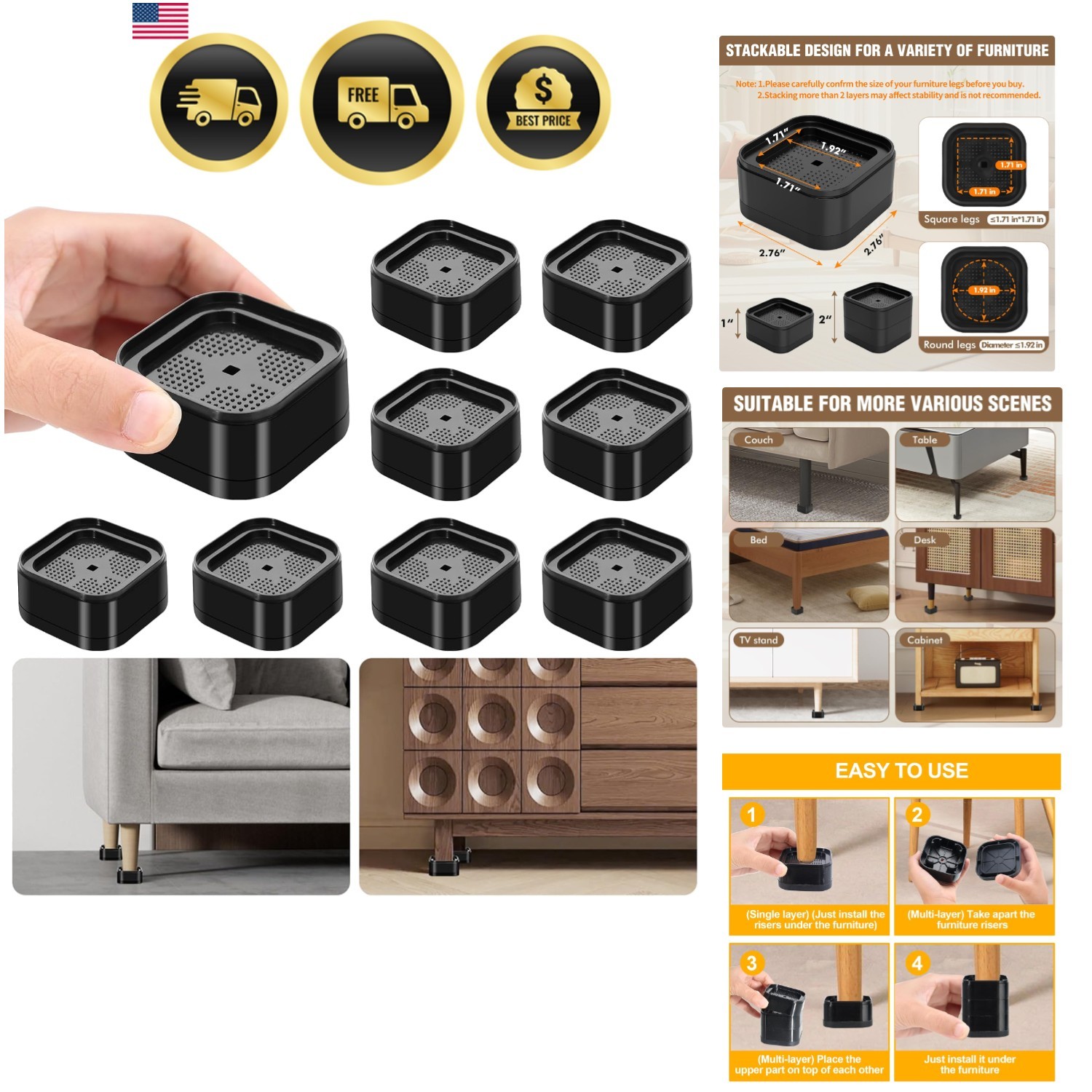 8 Pack Adjustable Bed Risers - Heavy Duty Stackable Furniture Lifts (1-2 Inch)