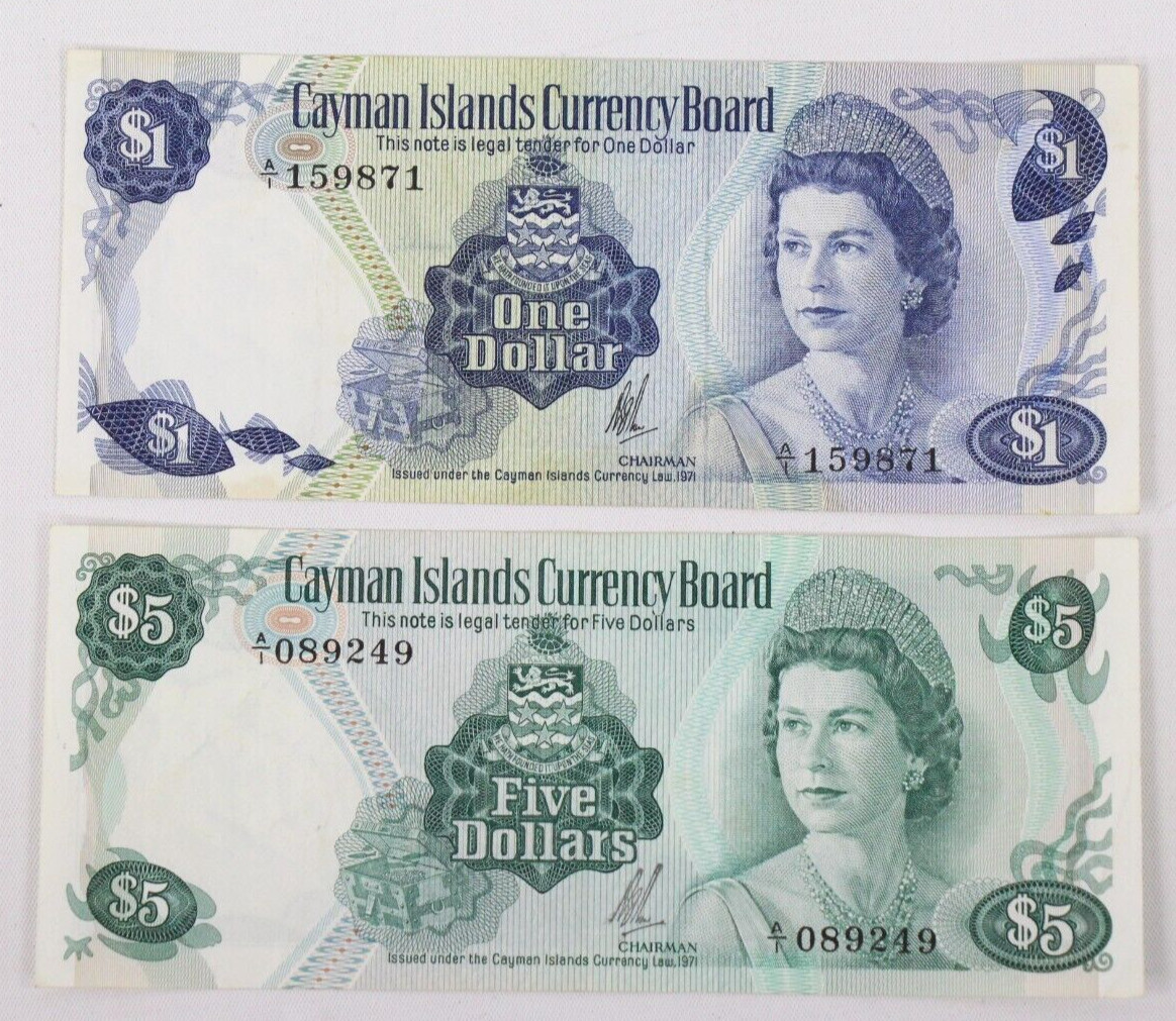 Lot of 2 Cayman Islands 1971 $1 & $5 Dollar Notes World Currency Prefix A/1