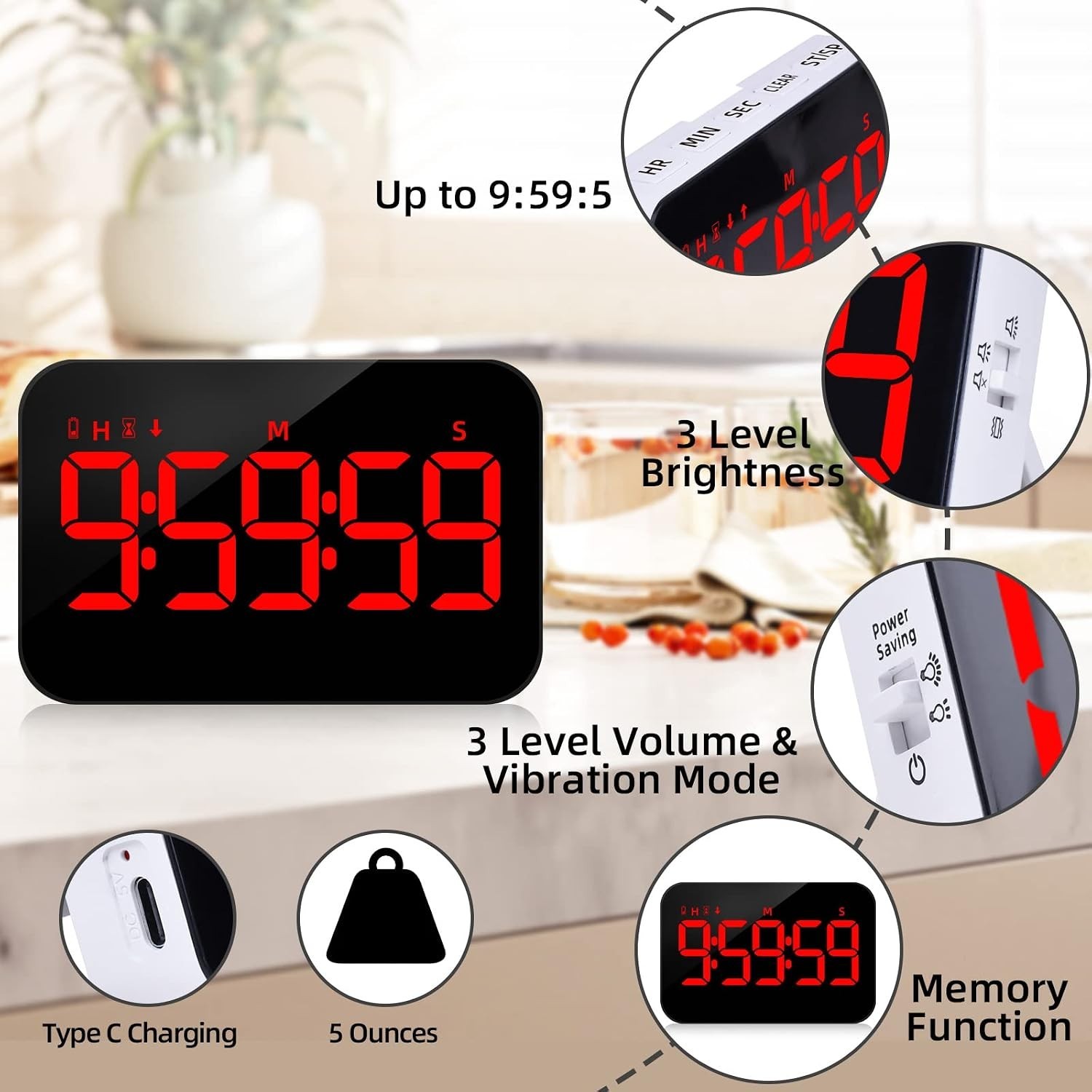Kitchen Digital Timer, Count Down Up, Rechargeable, Vibration Mode | Adjustab...