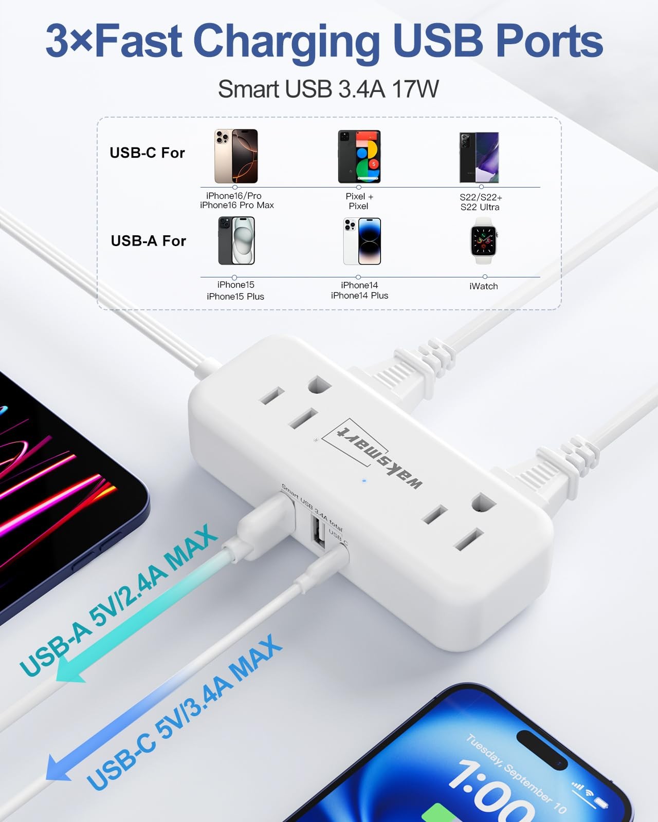 Flat Plug Power Strip - 5 Ft Thin Flat Extension Cord with 4 AC Outlets 3 USB...