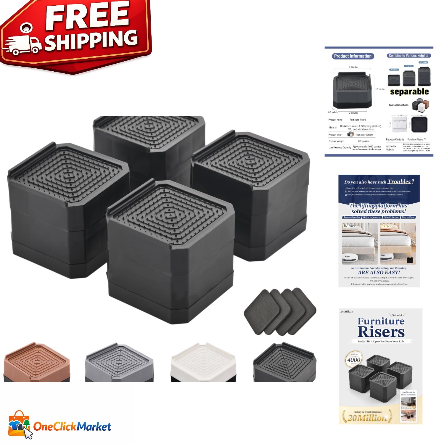 Adjustable Bed & Furniture Risers - Stackable Solution with Slip-Prevention