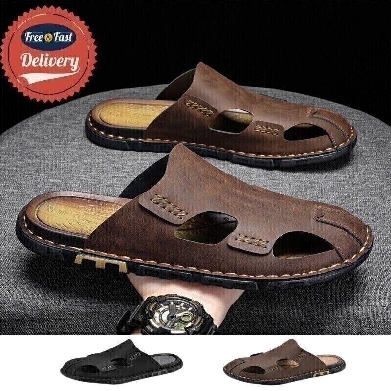 Mens Casual Leather Sandals Close toe Beach Slippers Slides Outdoor Shoes Light