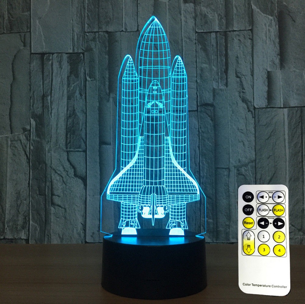 3D Space Rocket Night Light 7-Color Changing LED Table Lamp W/ Remote Control D