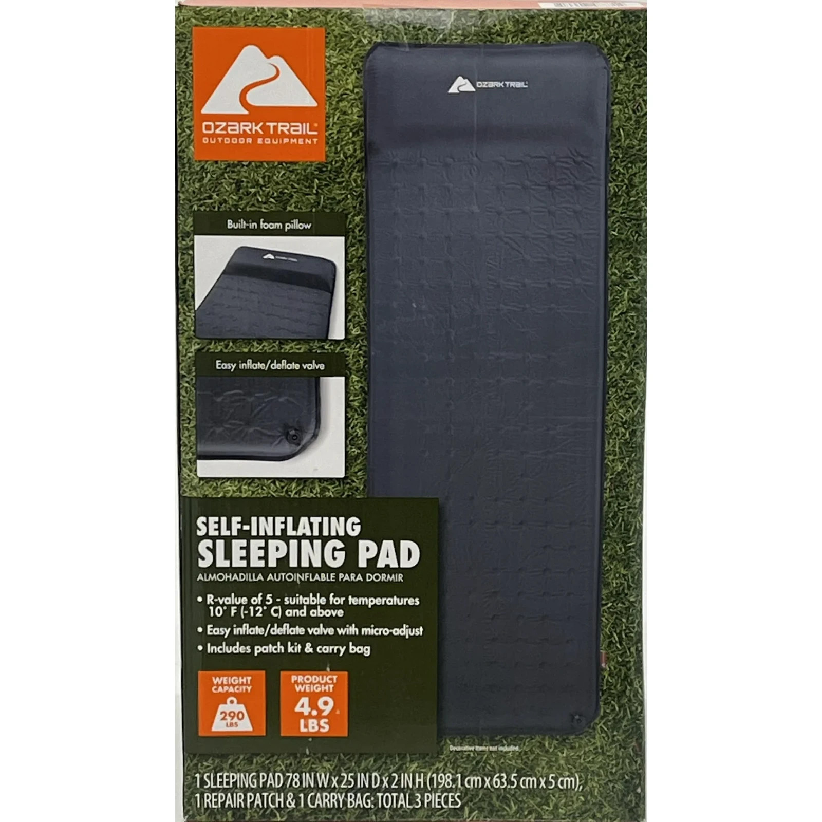 Ozark Trail Self-Inflating Camp Pad with Pillow-Grey, Adult, 78" L x 25" W x 2"H