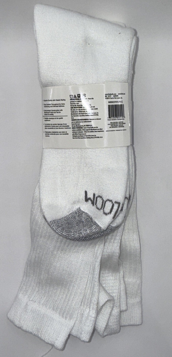Fruit of The Loom White Tube Socks 3 Pairs Men’s 10-13 Crew, Over The Calf