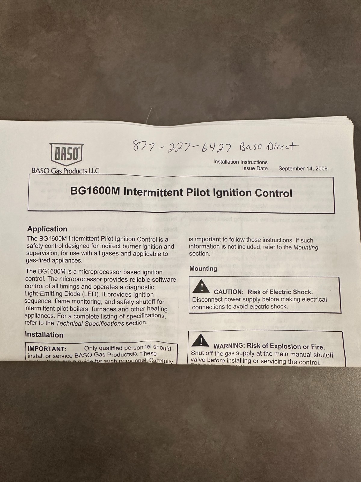 BASO BG1600M10FF-1AACJ, Control Board, L37-490.