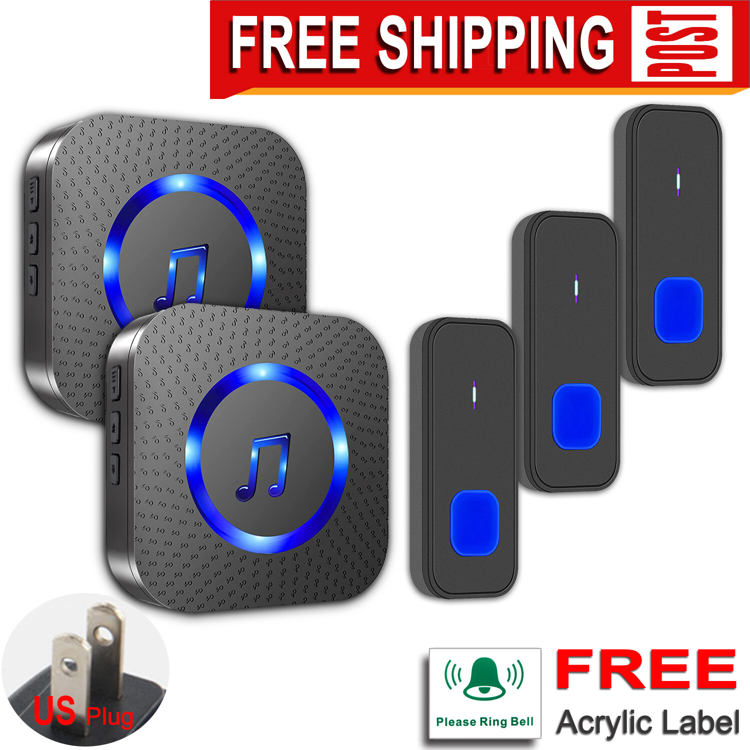 Free Shipping,Wireless Doorbell For Home,3 Buttons+2 Cordless Ringers Indoor