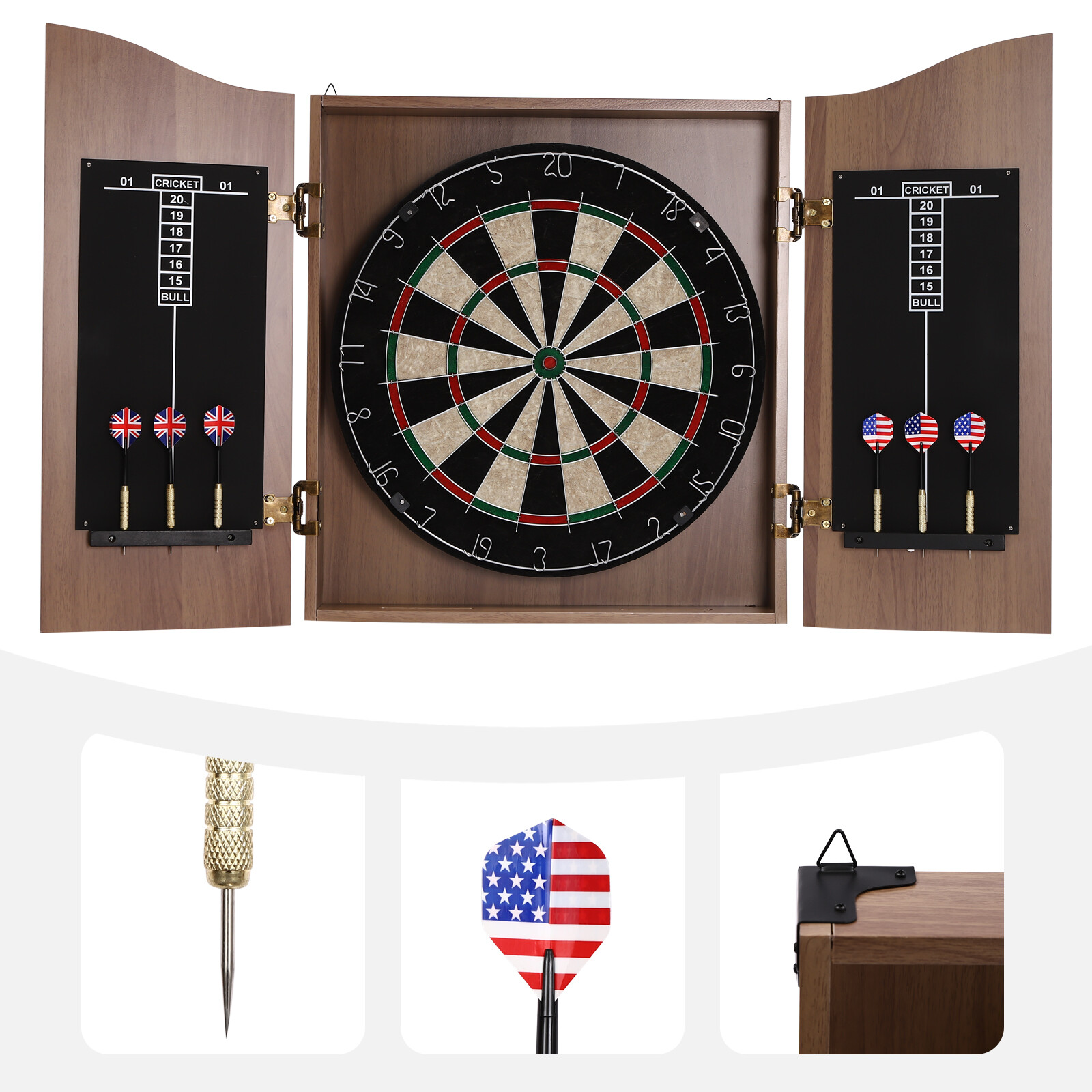 Brown Wall-Mounted Dartboard Set with Cabinet and Darts for Fun Games