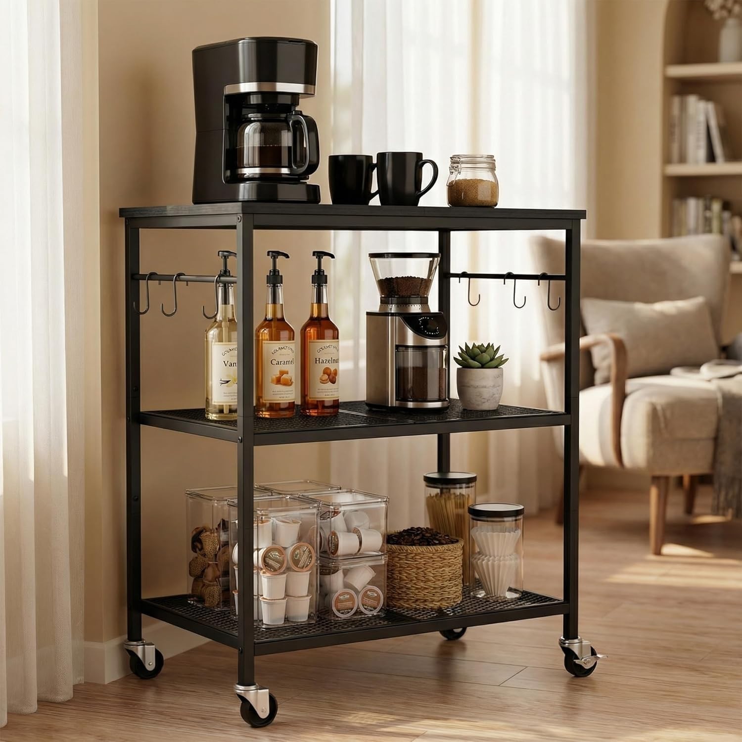 3-Tier Rolling Kitchen Microwave Cart Kitchen Utility Cart on Lockable Wheels