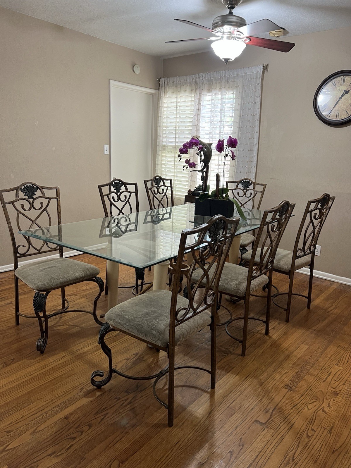 Glass Top Rectangular 7-Piece Dining Set, 6 Fabric Chairs, Metal Frame