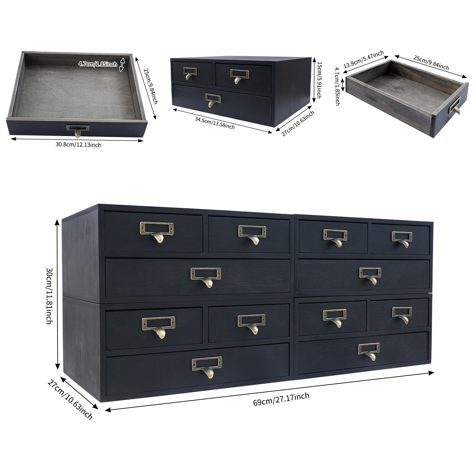 4 Pack 3 Drawer Wooden Desktop Organizer Drawer Storage Box For Tabletop- Black！