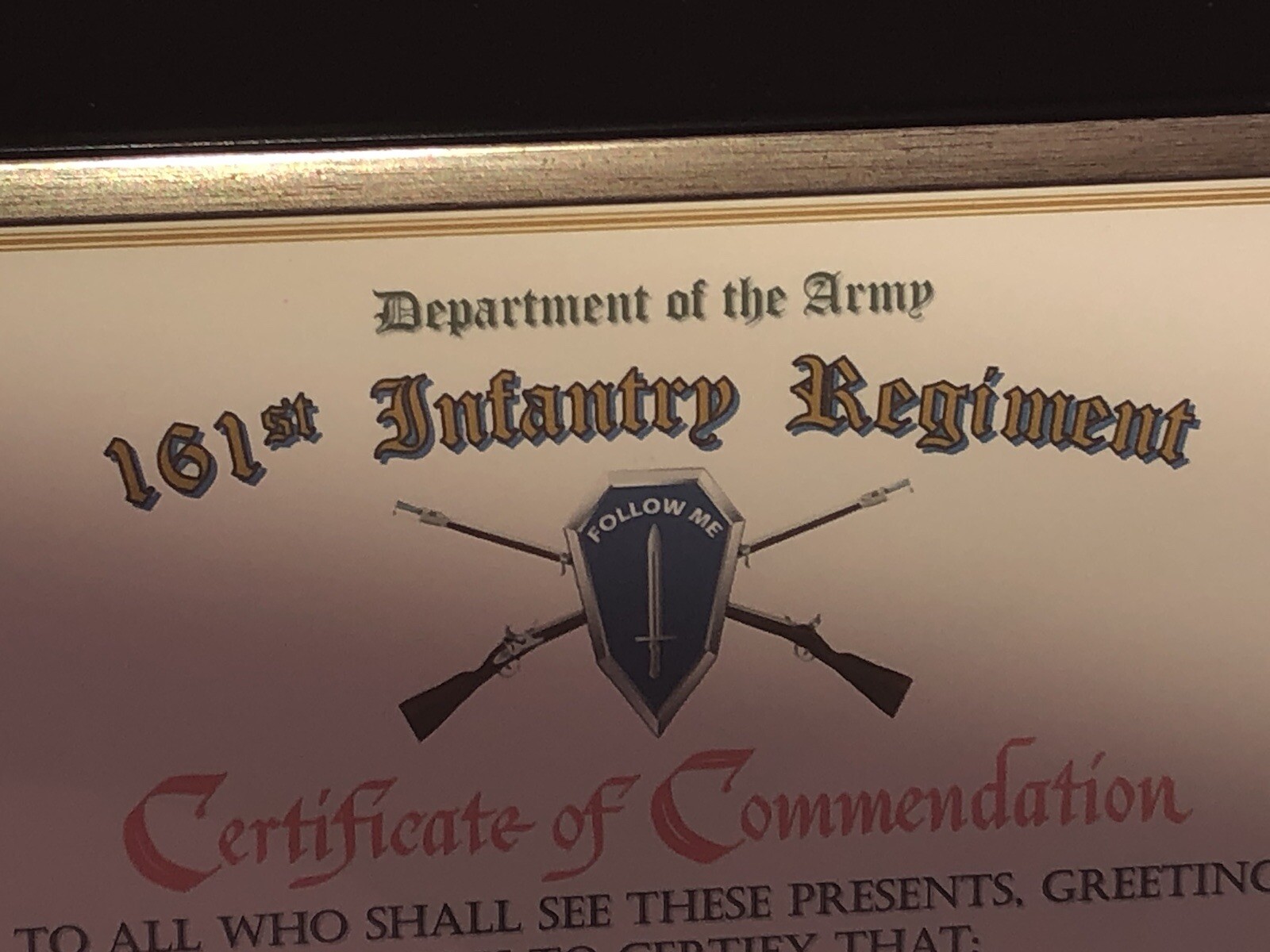 161ST INFANTRY REGIMENT / COMMEMORATIVE - CERTIFICATE OF COMMENDATION