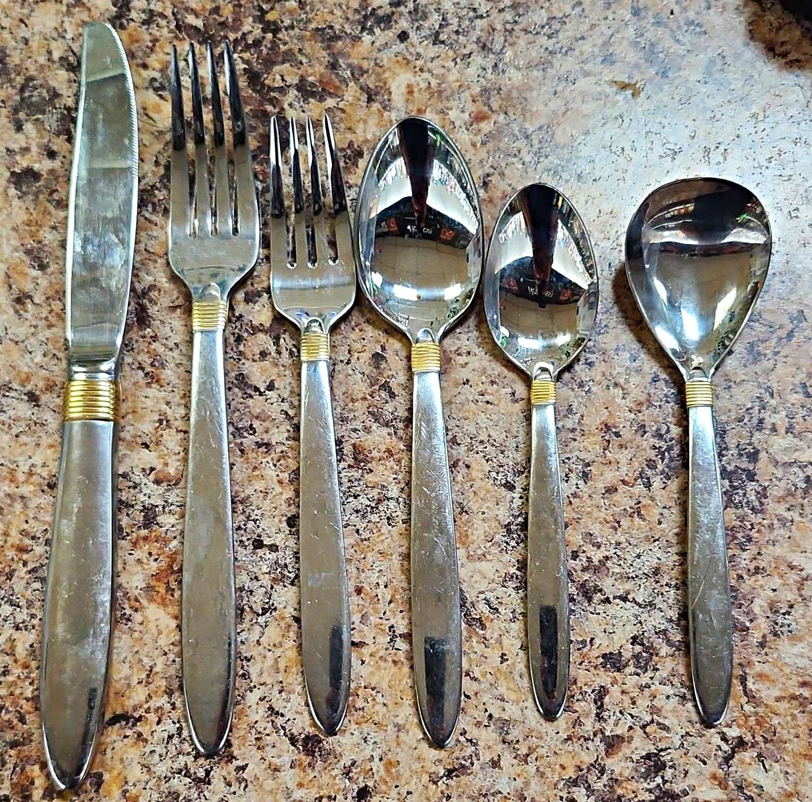 Gorham 6pc Stainless Steel Flatware Set Silver/Gold Accent Knife Forks Spoons