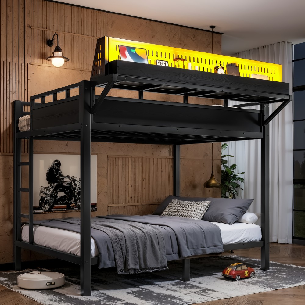 Full over Full Size Bed Frame Metal Bunk Bed w/Shelves & Pegboard & USB Ports