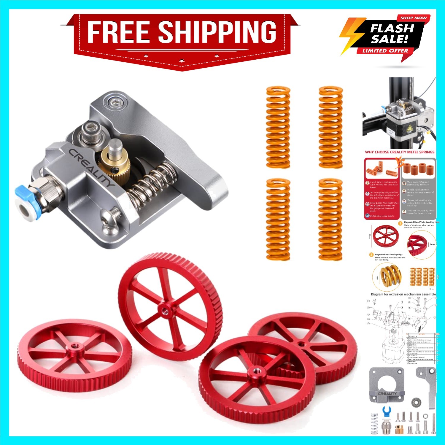 Official 3D Printer Upgrade Kit with All Metal MK-8 Extruder, 4 PCS Red Hand ...