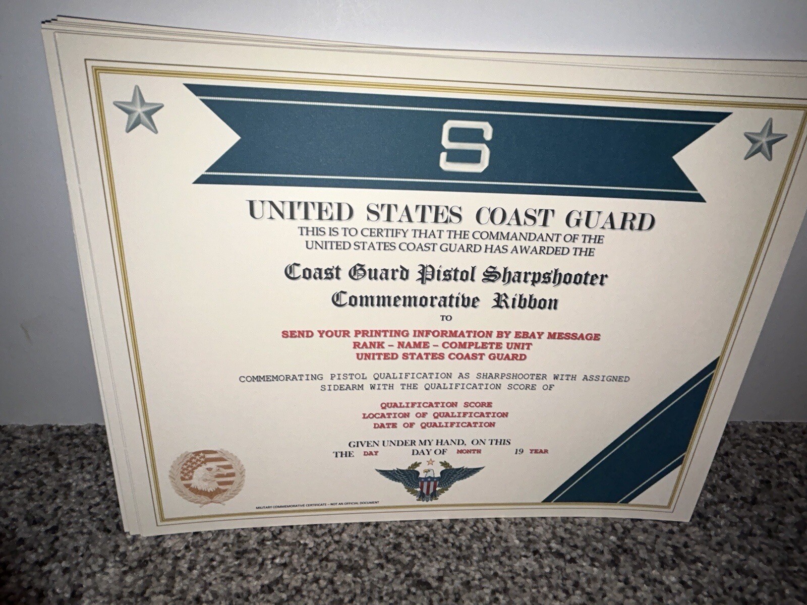 COAST GUARD - PISTOL SHARPSHOOTER COMMEMORATIVE CERTIFICATE ~ W/PRINTING TYPE-1