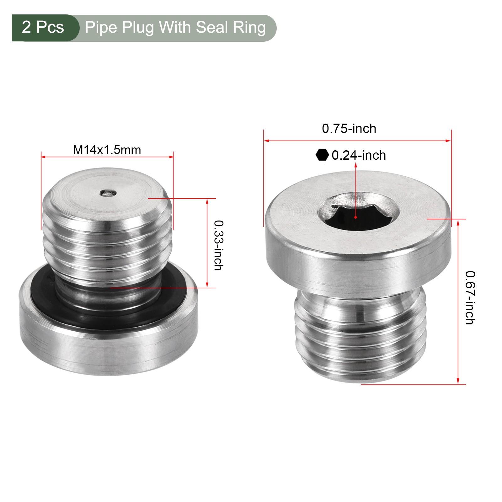 2 Pcs M14 x 1.5 Stainless Steel Internal Hex Head Socket Pipe Fitting (Silver)