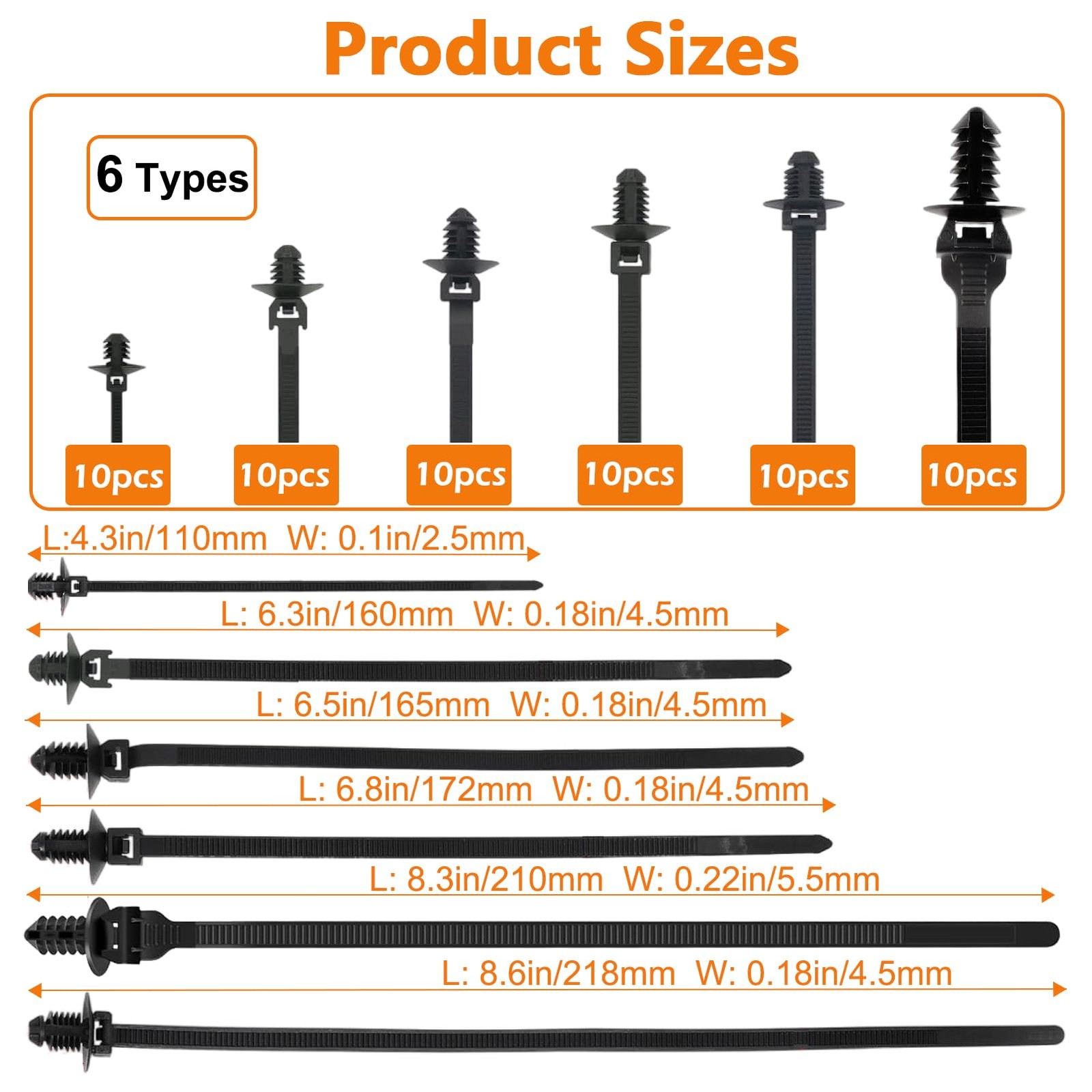 60Pcs Nylon Universal Cable Tie with Buckle Push Mount Zip 6 Types, Black