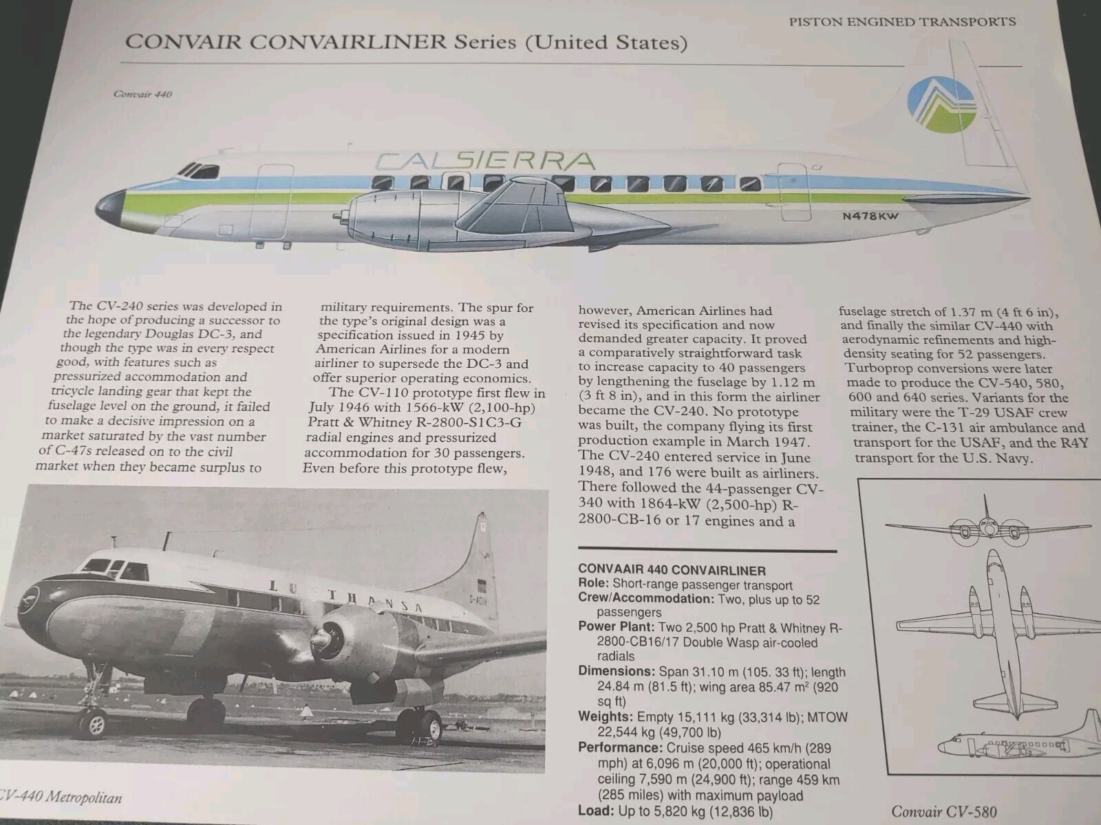Convair Picture Aircraft Out of Print Article Spec Sheet Wall Art