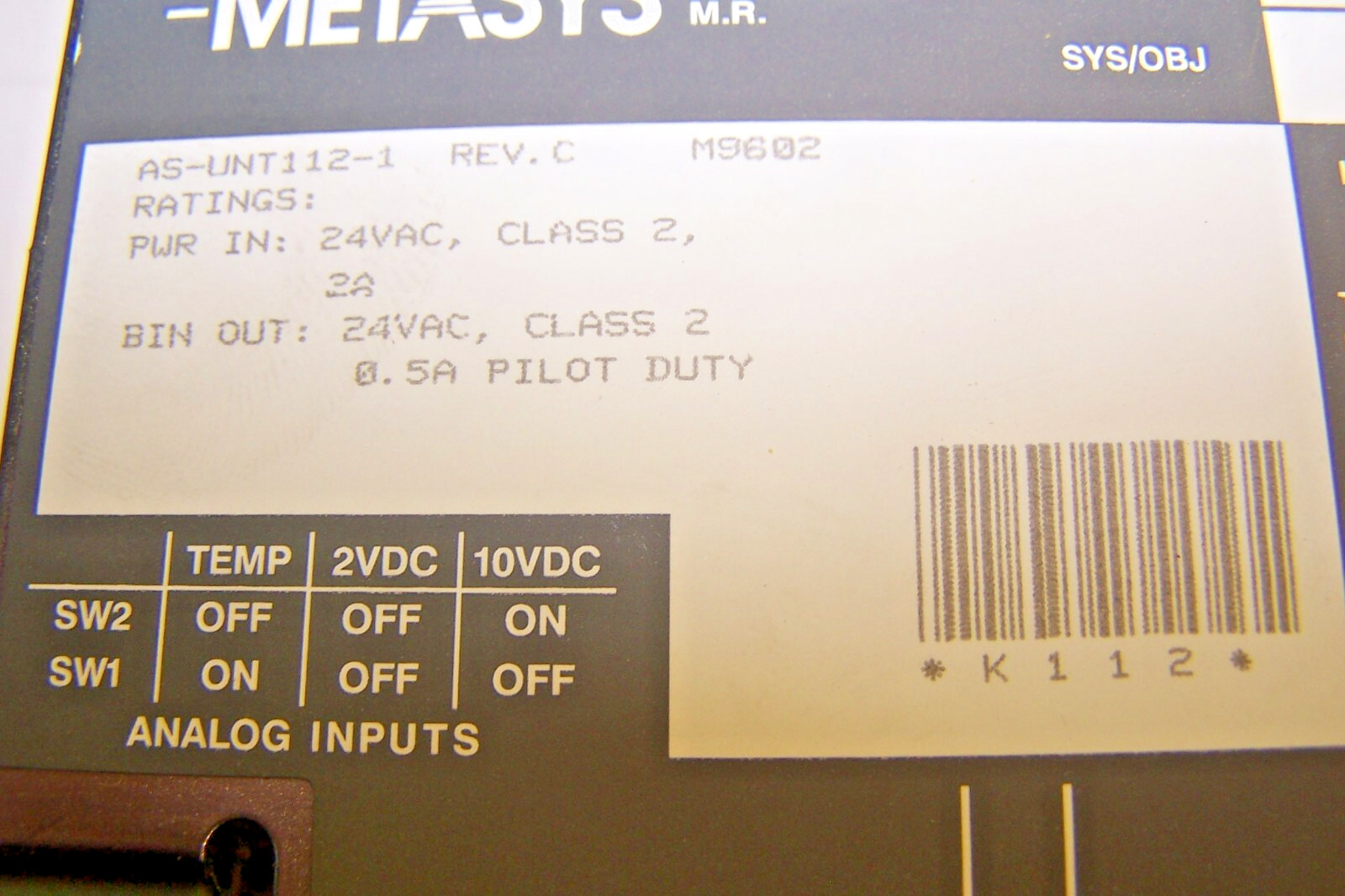 Johnson Controls Metasys Unitary Controller AS-UNT112-1 REV. C