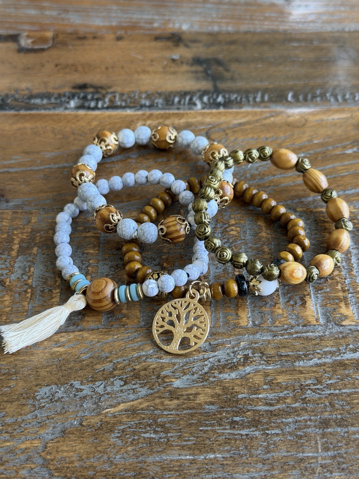 NWOT Beaded Boho Bracelet Set with Tree of Life Charm, Tassel, Wood Brass