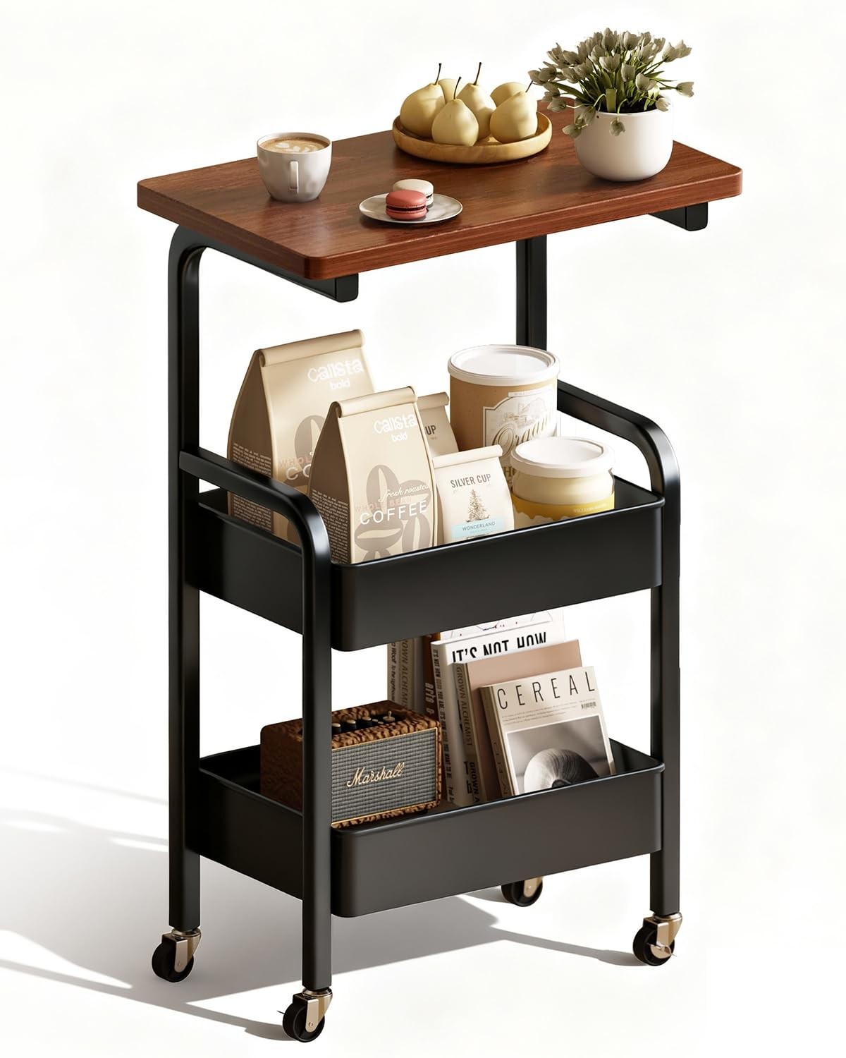 3 Tier Metal Rolling Utility Cart Organizer with Walnut Table Top, Stable and...