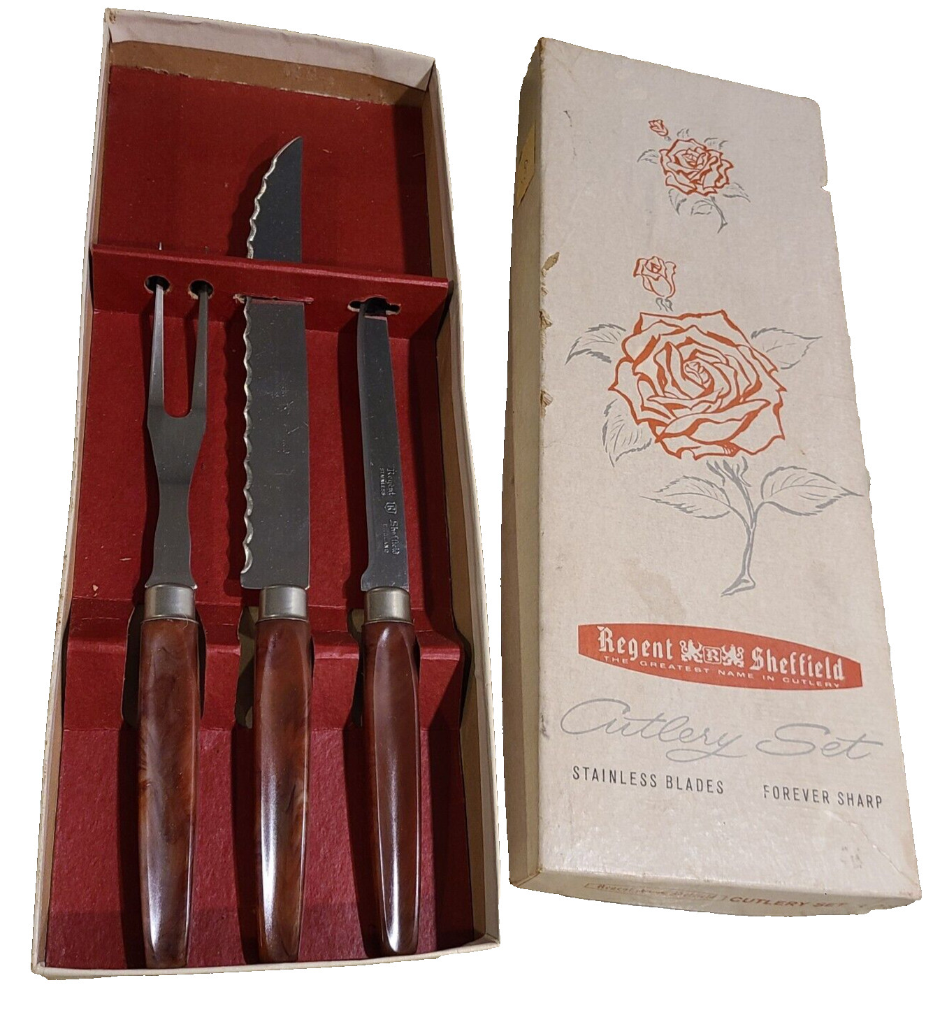 Regent Sheffield Cutlery Set Bakelite Marbled Stainless Steel Forever Sharp