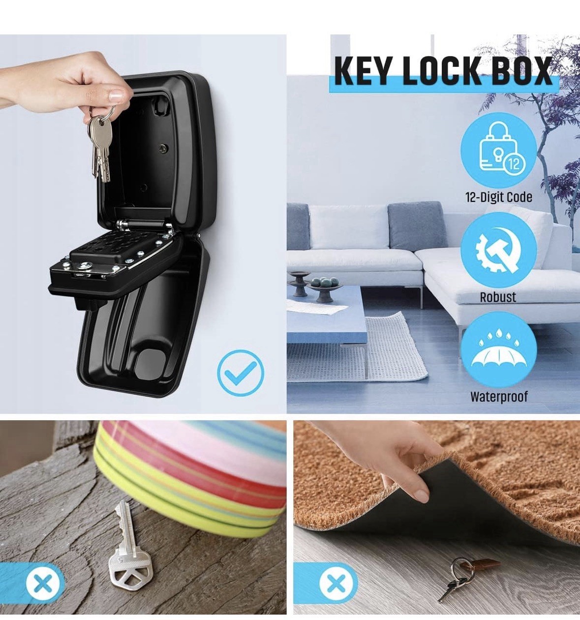 12-Digits Key Lock Box for outside Wall Mount, Waterproof Spare Key Storage Box
