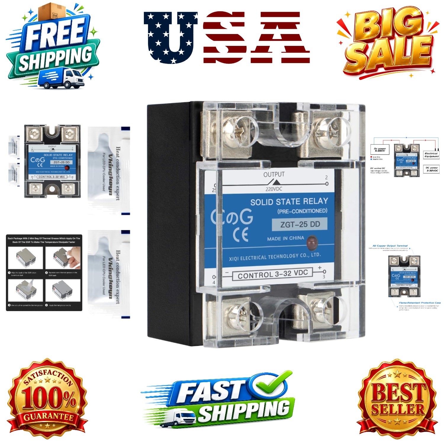 CG Solid State Relay SSR-25DD DC to DC Input 3-32VDC To Output 5-240VDC 25A S...