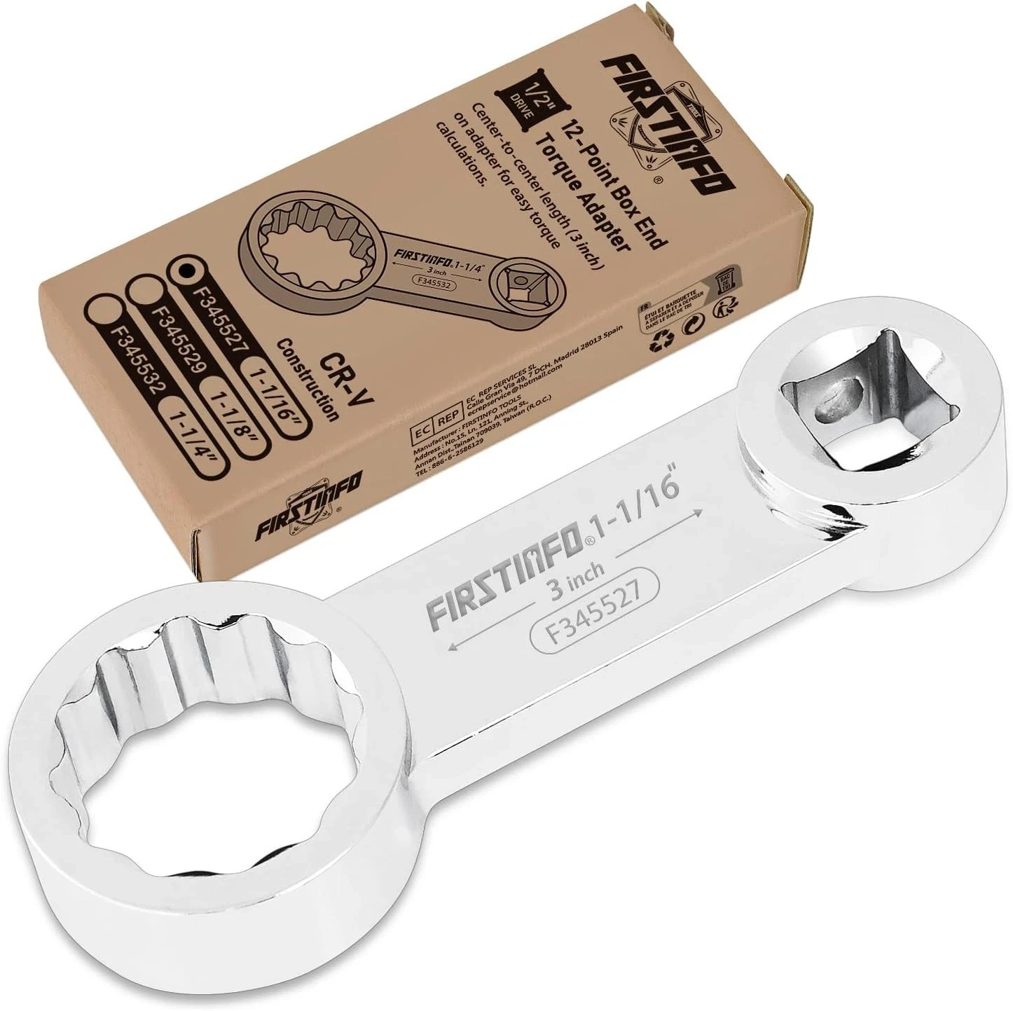 FIRSTINFO F345527 1-1/16 Inch 12-Point Box End Torque Adapter 1/2 Inch Drive