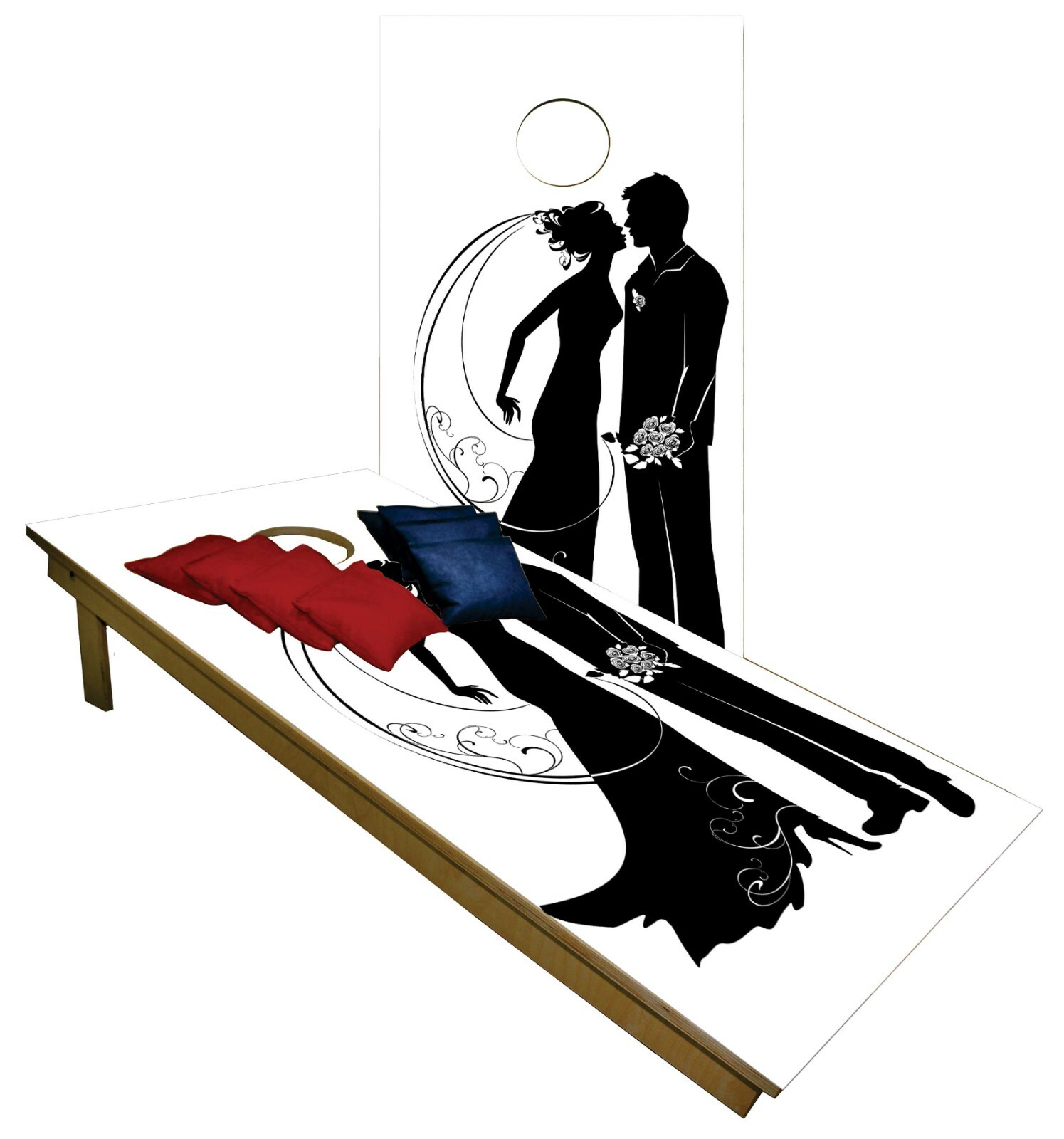 Wedding Night CORNHOLE BEANBAG TOSS GAME w Bags Game Board Black White Set