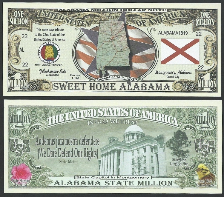 Lot of 500 Bills - ALABAMA STATE MILLION DOLLAR BILL w MAP, SEAL, FLAG, CAPITOL