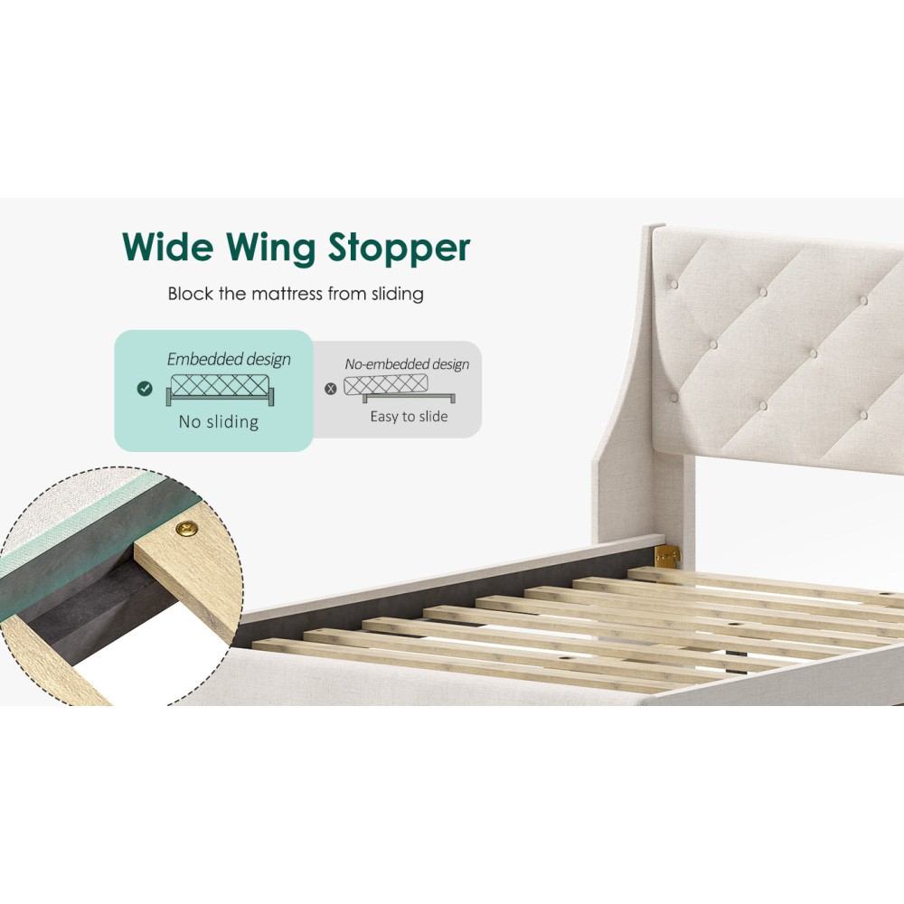 Queen Bed Frame with Storage Headboard and Drawers, Strong Metal Slats