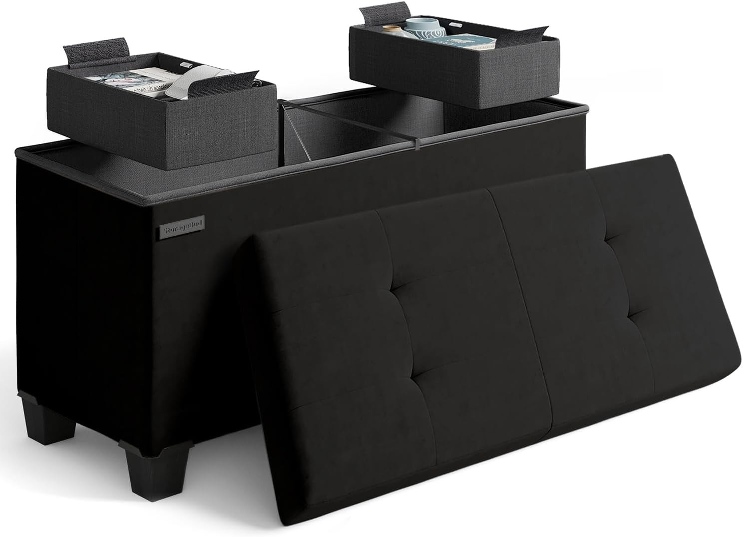 Velvet Storage Ottoman Bench with Bins, 30-Inch Folding Foot Rest, Black