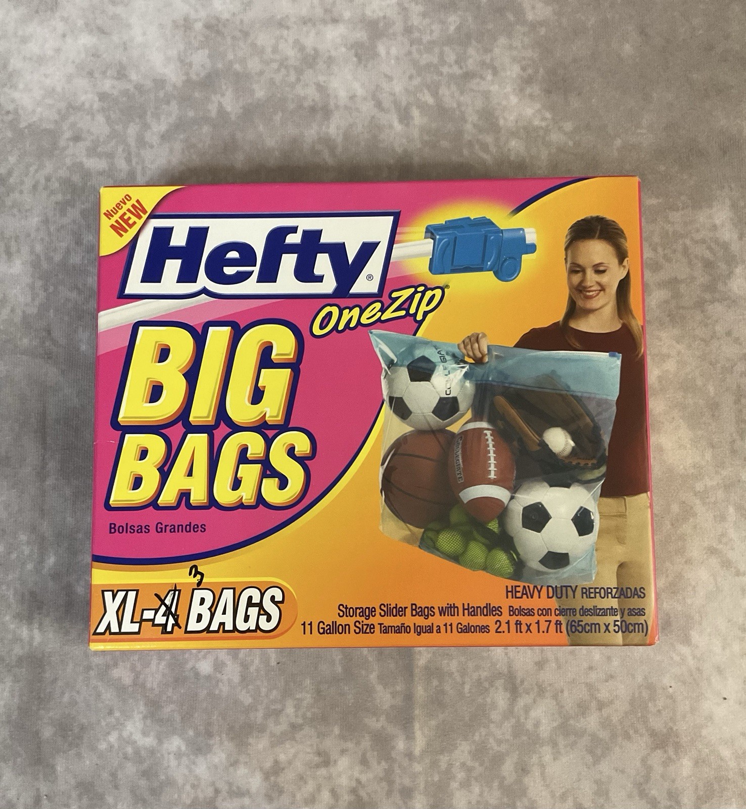 HEFTY BIG BAGS XL 11 GALLON ONE ZIP STORAGE SLIDER BAGS W/ HANDLES OPEN BOX OF 3