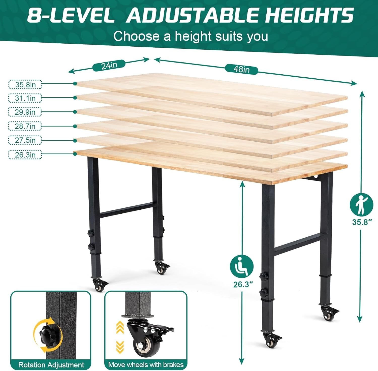 Versatile 48" Adjustable Workbench with 2000lbs Load Capacity & Lockable Casters