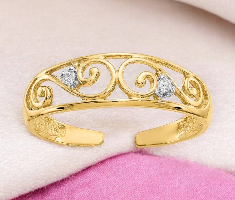 Real 14k Gold .02ct Genuine Diamond Scroll Toe Ring - Toe Ring for Woman - Art