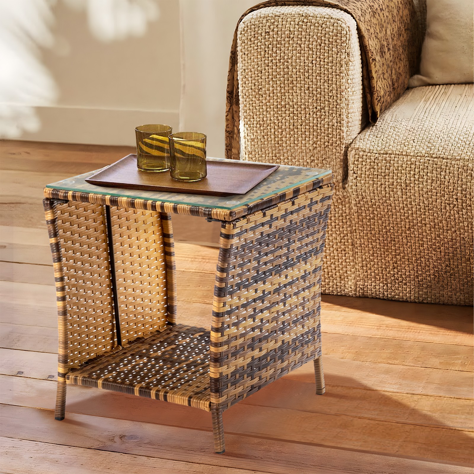 In/Outdoor 18in Wicker Rattan Side Tea Table with Glass Patio Garden Furniture