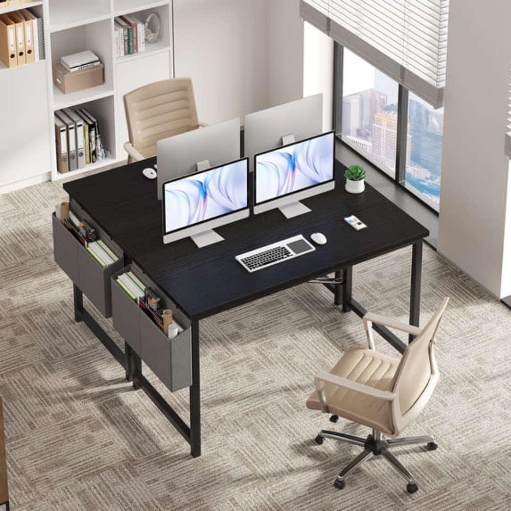 47" Computer Desk with Metal Frame Waterproof Surface and Storage Bag Black