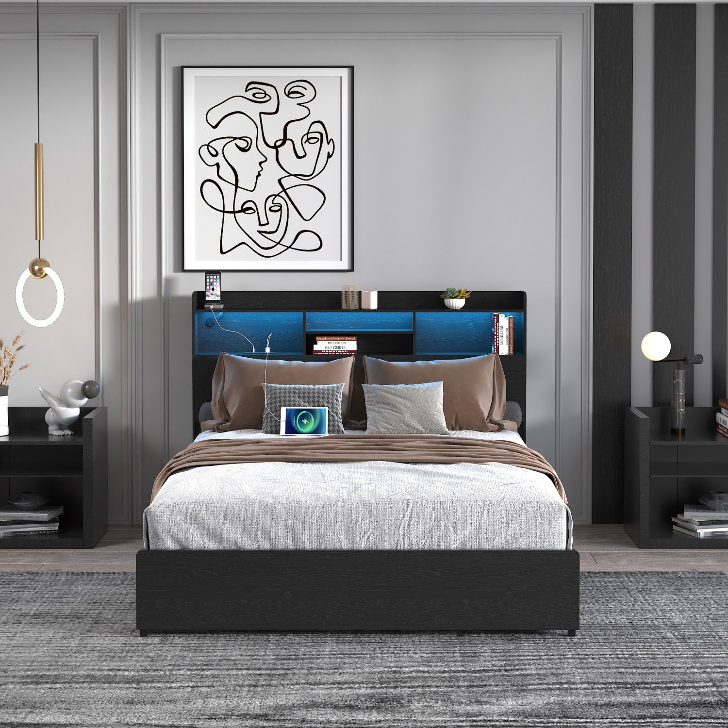 Full/Queen Size Platform Bed Frame w/ LED Lights & Storage Headboard & 4 Drawers